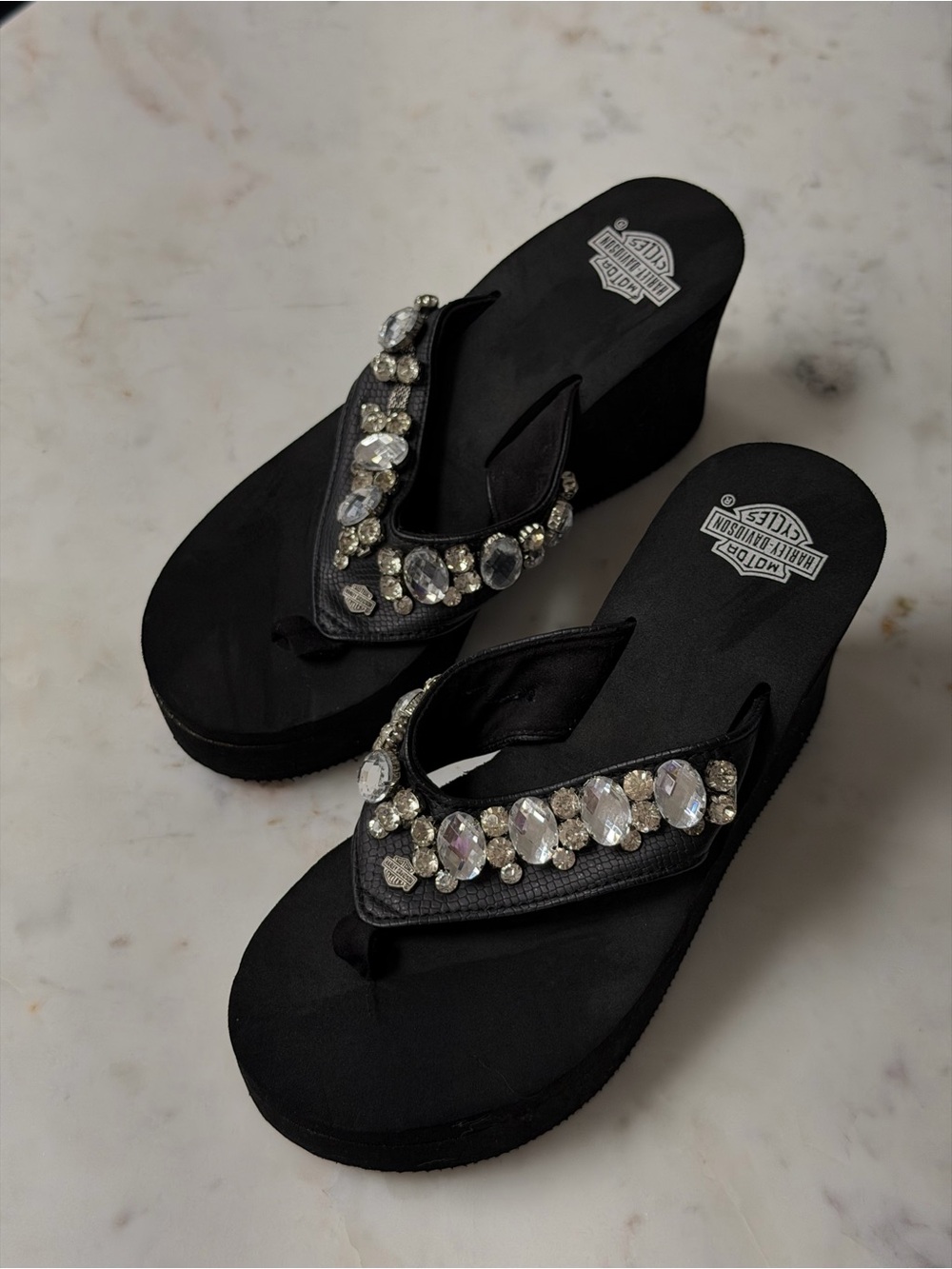 NWT Harley-Davidson Black Crystal Rhinestone Wedge Sandals Size US 6 / EU 37
